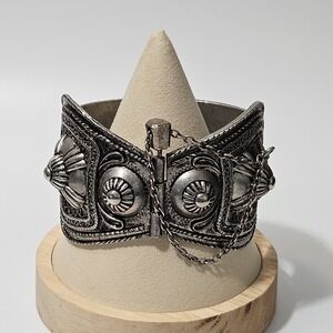 Vintage Tribal Silvertone Pull Pin Bracelet Hinged Ornate Brutalist